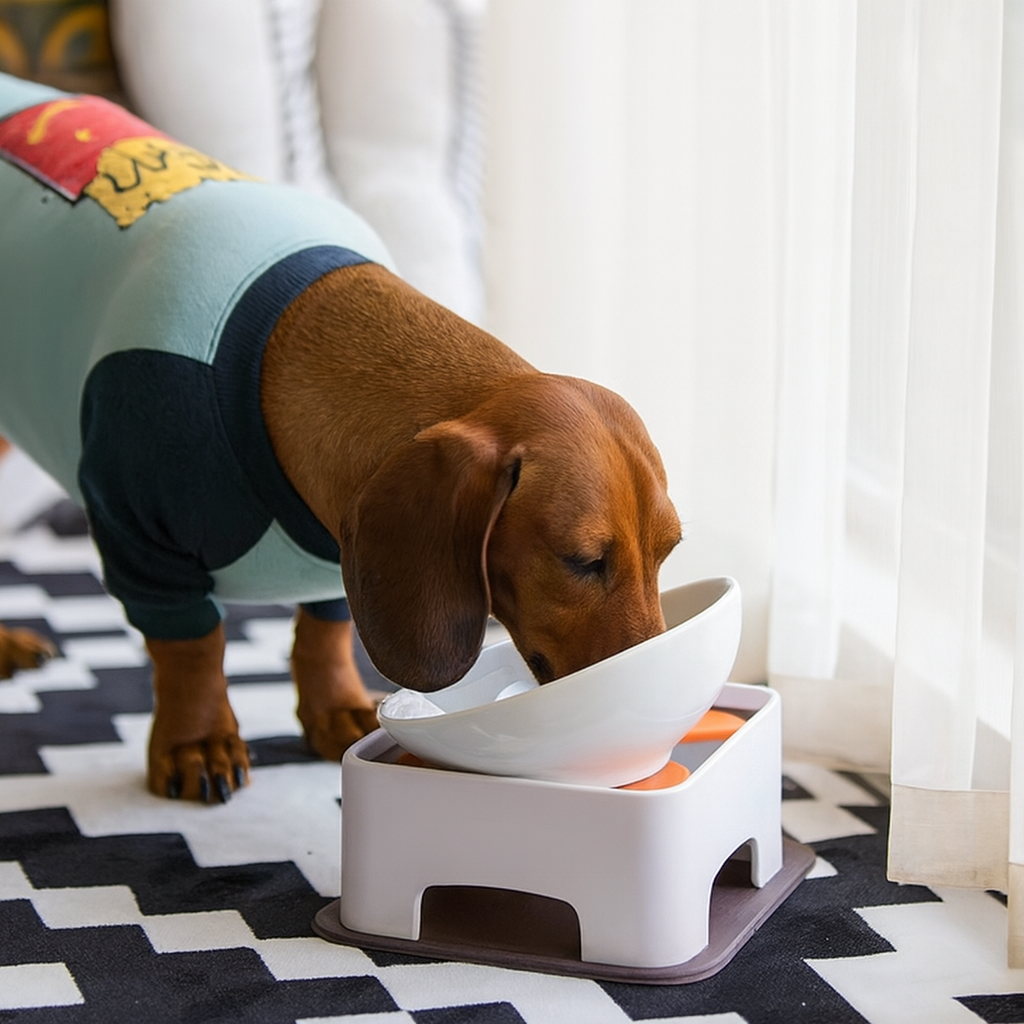 DachBowl™ Dachshund Ceramic Bowl – Elevated Comfortable Bowl with Table