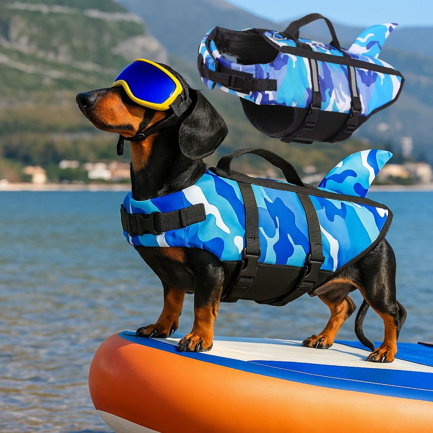 Chaleco de natación Premium Dachshund diseño de camuflaje - chaleco salvavidas para perro tiburón