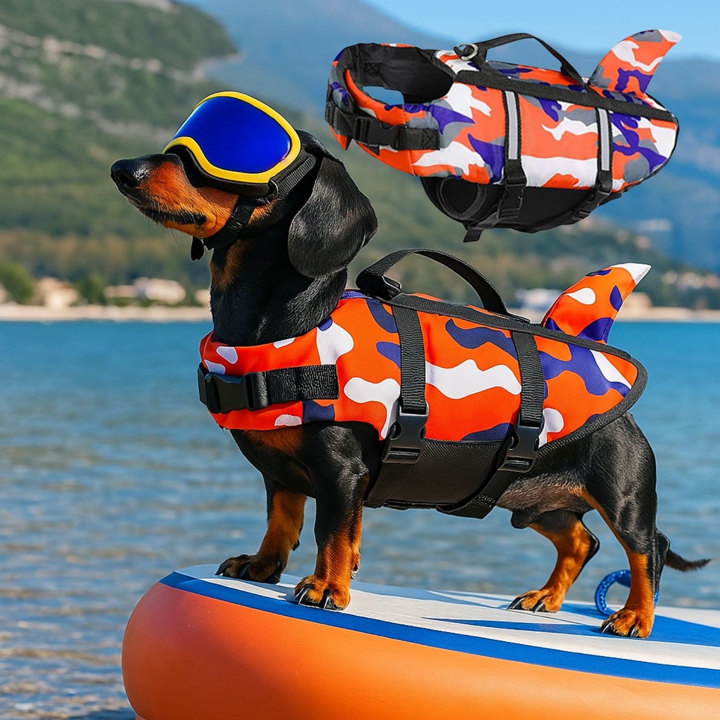 Chaleco de natación Premium Dachshund diseño de camuflaje - chaleco salvavidas para perro tiburón