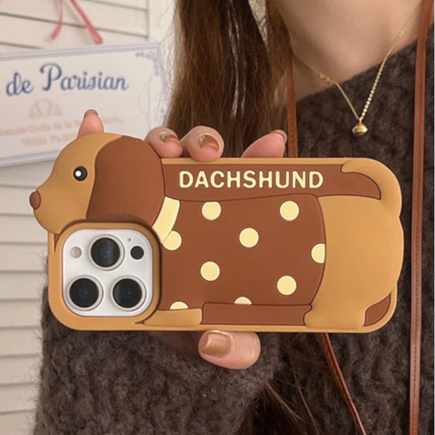 Cute Dachshund-Themed iPhone Case - Unique Polka Dot Camera Design Cover