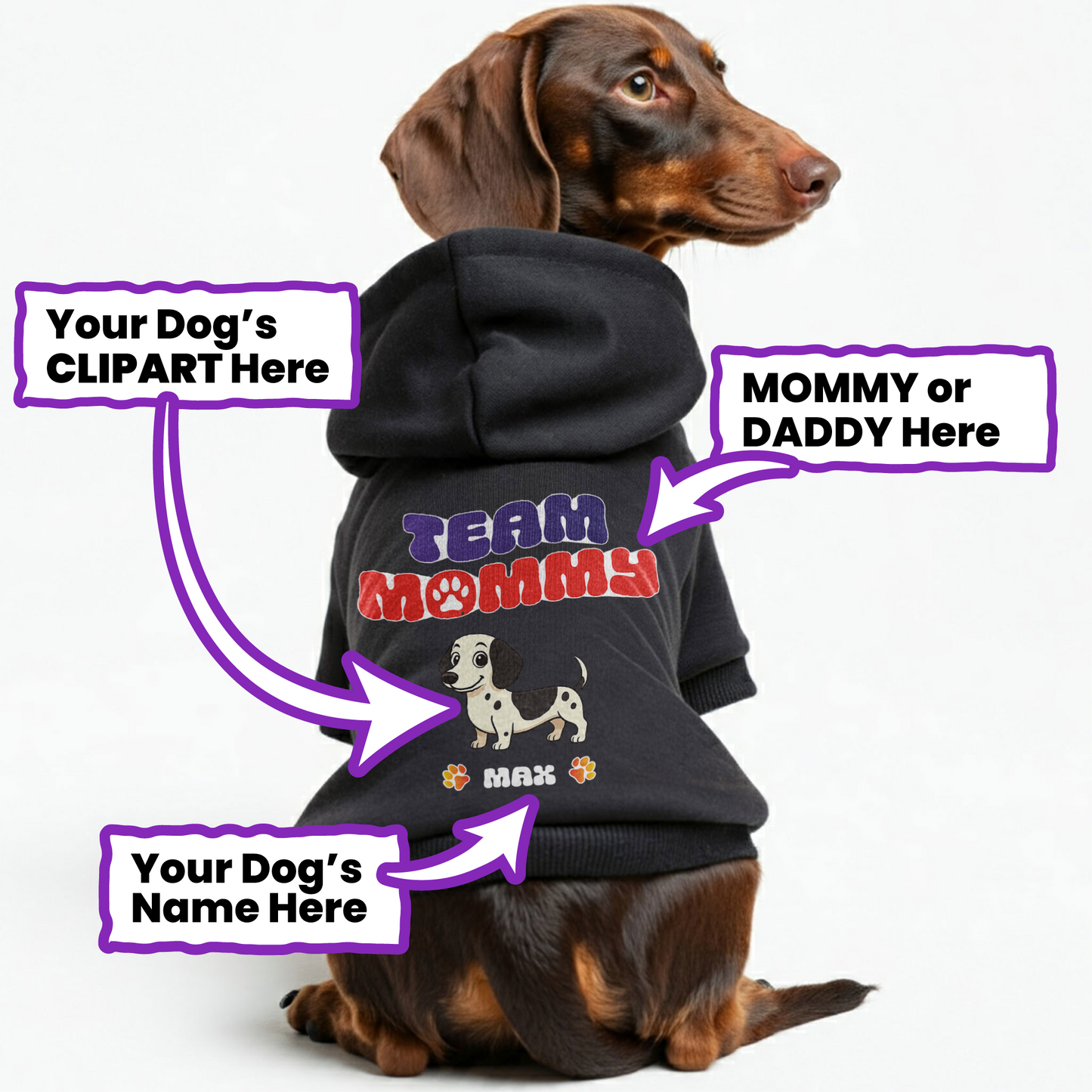 Team Mommy – Personalized Dachshund Hoodies with Your Doxie’s Name & Clipart – Stylish, Cozy & Made from Premium 100% Cotton
