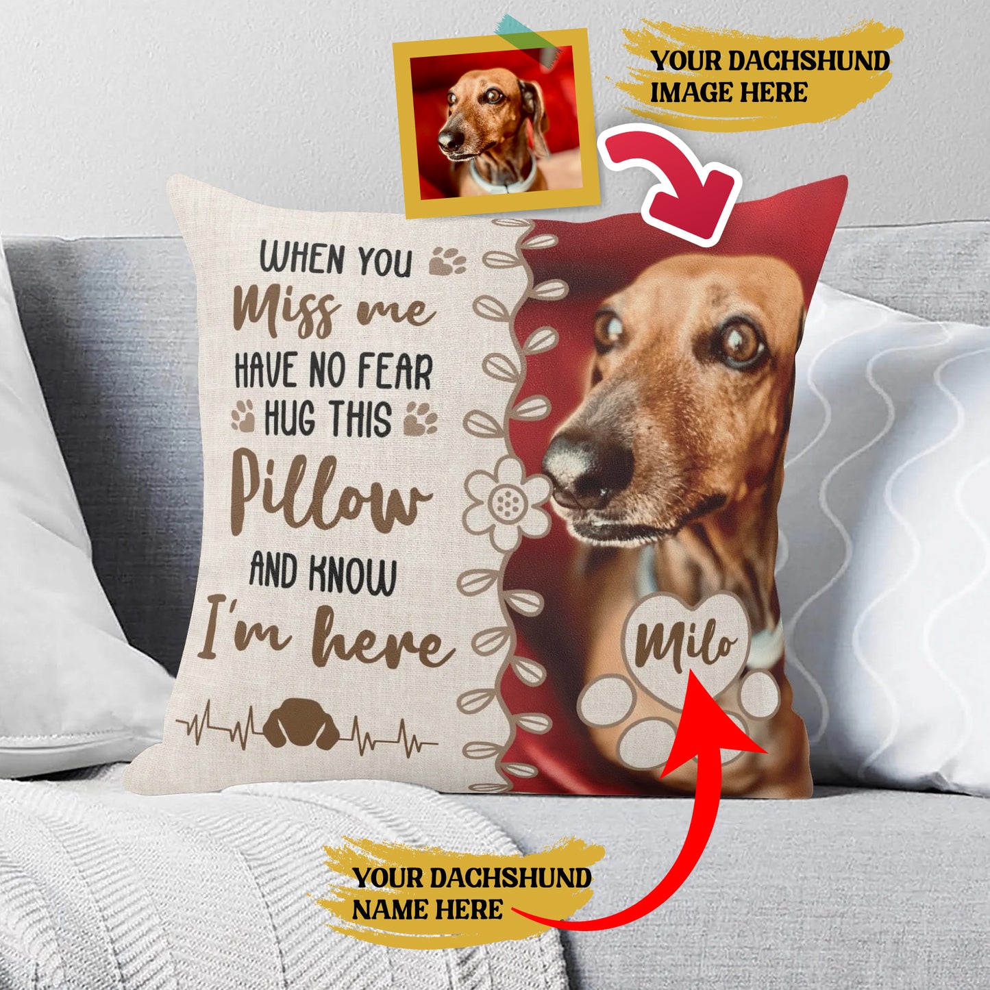 Dachshund name and image personalized pillow
