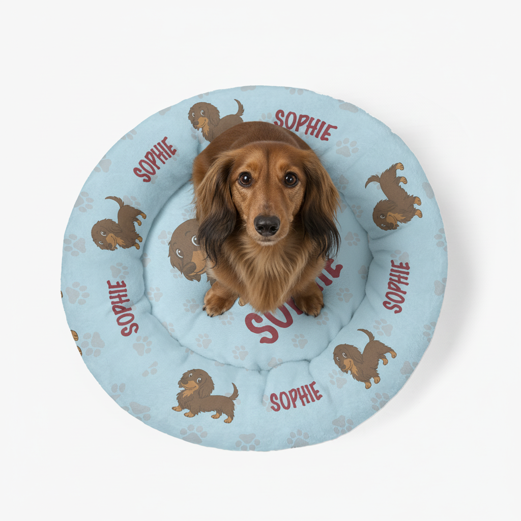 Joey - Personalized Cloud-Comfort Large Dachshund Bed | Anti-Anxiety Donut Bed for Dachshunds