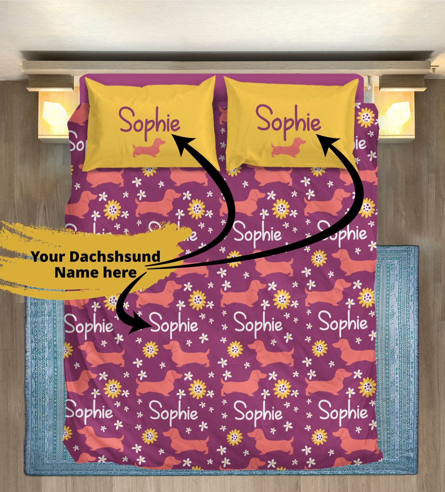 Juego de Cama Personalizado con Nombre de Perro Salchicha - Juego de Cama