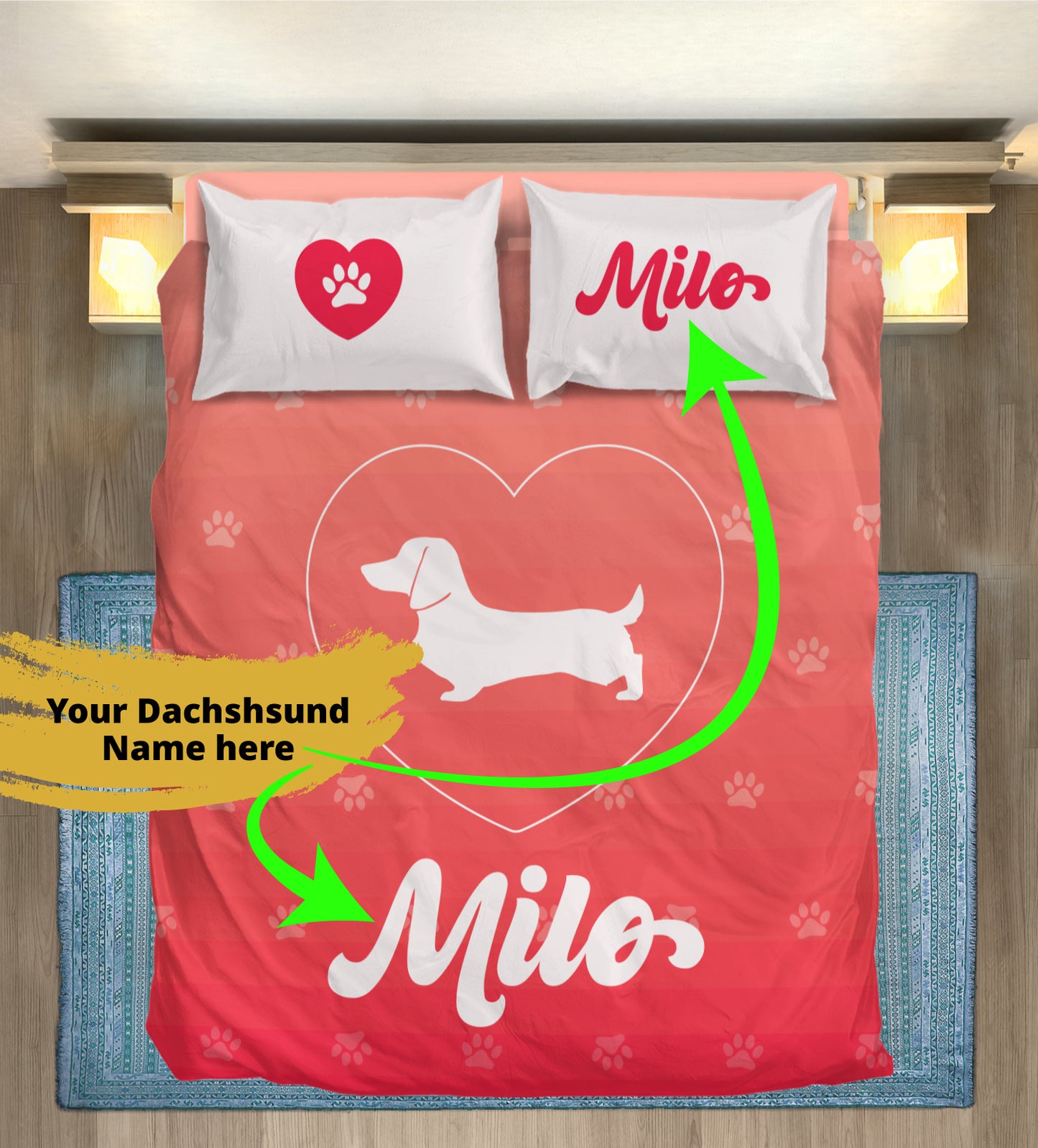 Juego de Cama Personalizado con Nombre de Perro Salchicha - Juego de Cama