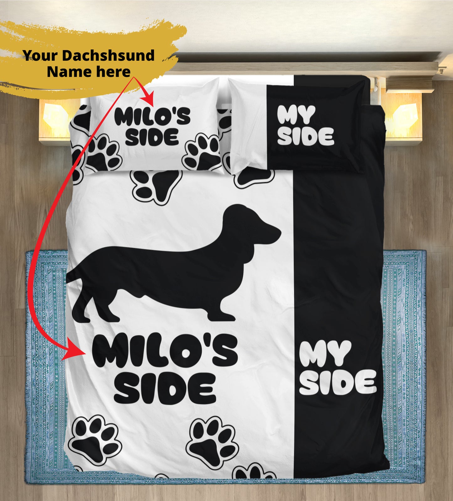 Juego de ropa de cama personalizado con el nombre del perro salchicha - Juego de ropa de cama para los amantes de los perros salchicha