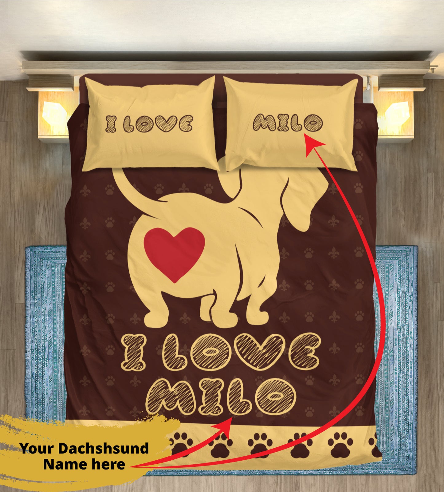 Juego de Cama Personalizado con Nombre de Perro Salchicha - Juego de Cama