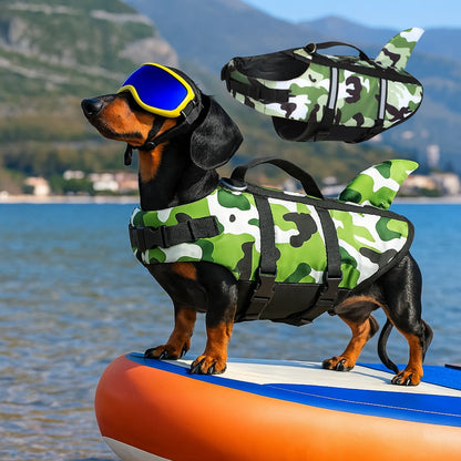 Dachshund shark life jacket in camo print, view 2