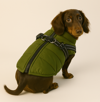 FrostGuard waterproof winter harness jacket on a dachshund