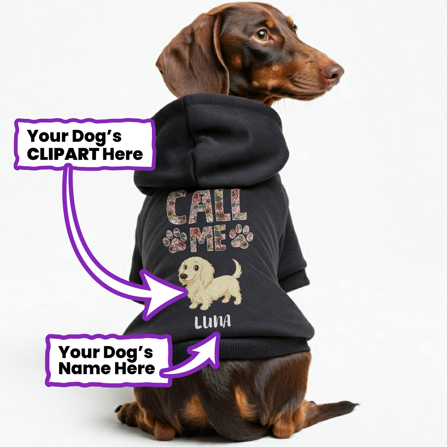 Call Me – Personalized Dachshund Hoodies with Your Doxie’s Name & Clipart – Stylish, Cozy & Made from Premium 100% Cotton