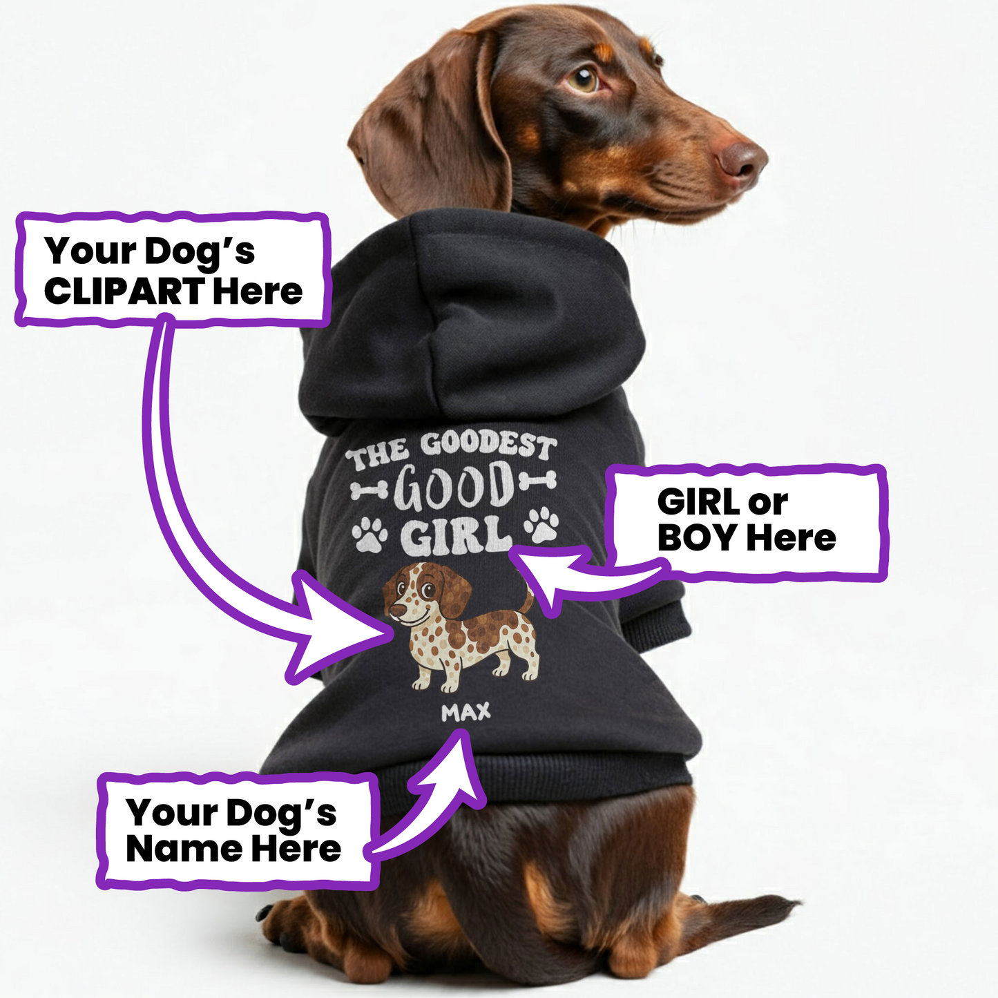The Goodest Good Girl – Personalized Dachshund Hoodies with Your Doxie’s Name, Gender & Clipart– Stylish, Cozy & Made from Premium 100% Cotton