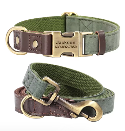 Dachshund Leather Collar with Leash – Personalized Engraved ID Adjustable