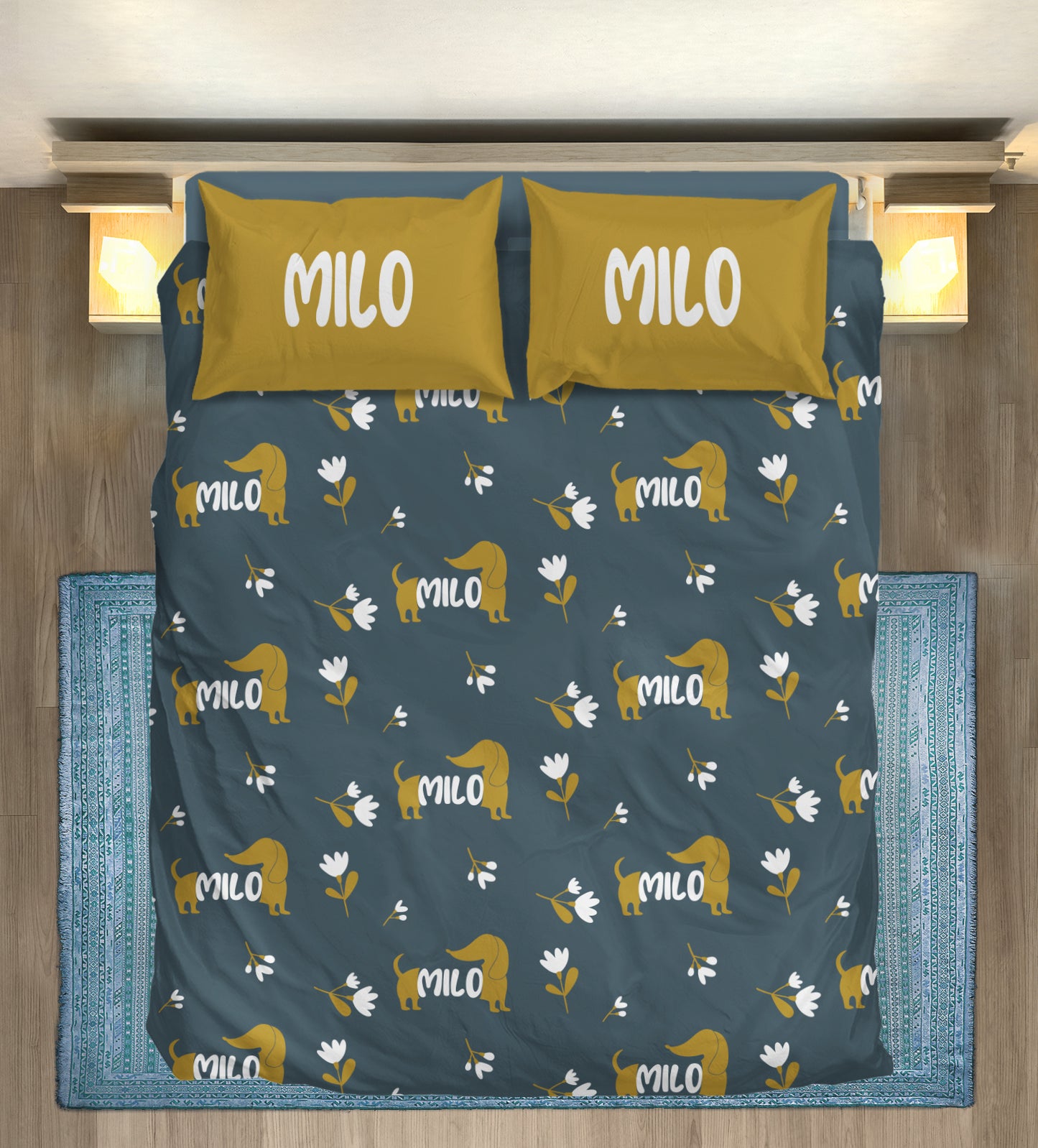 Juego de Cama Personalizado con Nombre de Perro Salchicha - Juego de Cama