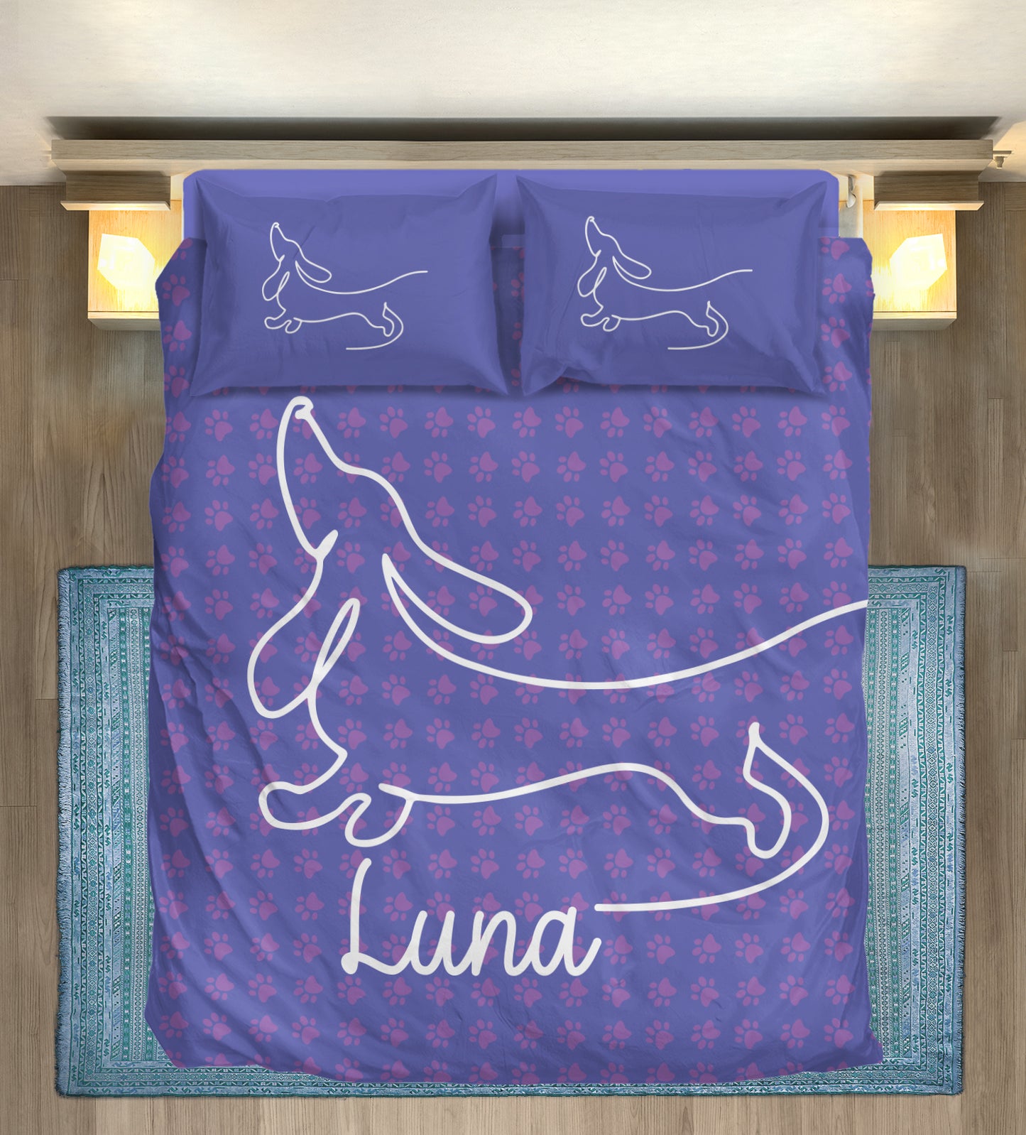 Juego de Cama Personalizado con Nombre de Perro Salchicha - Juego de Cama