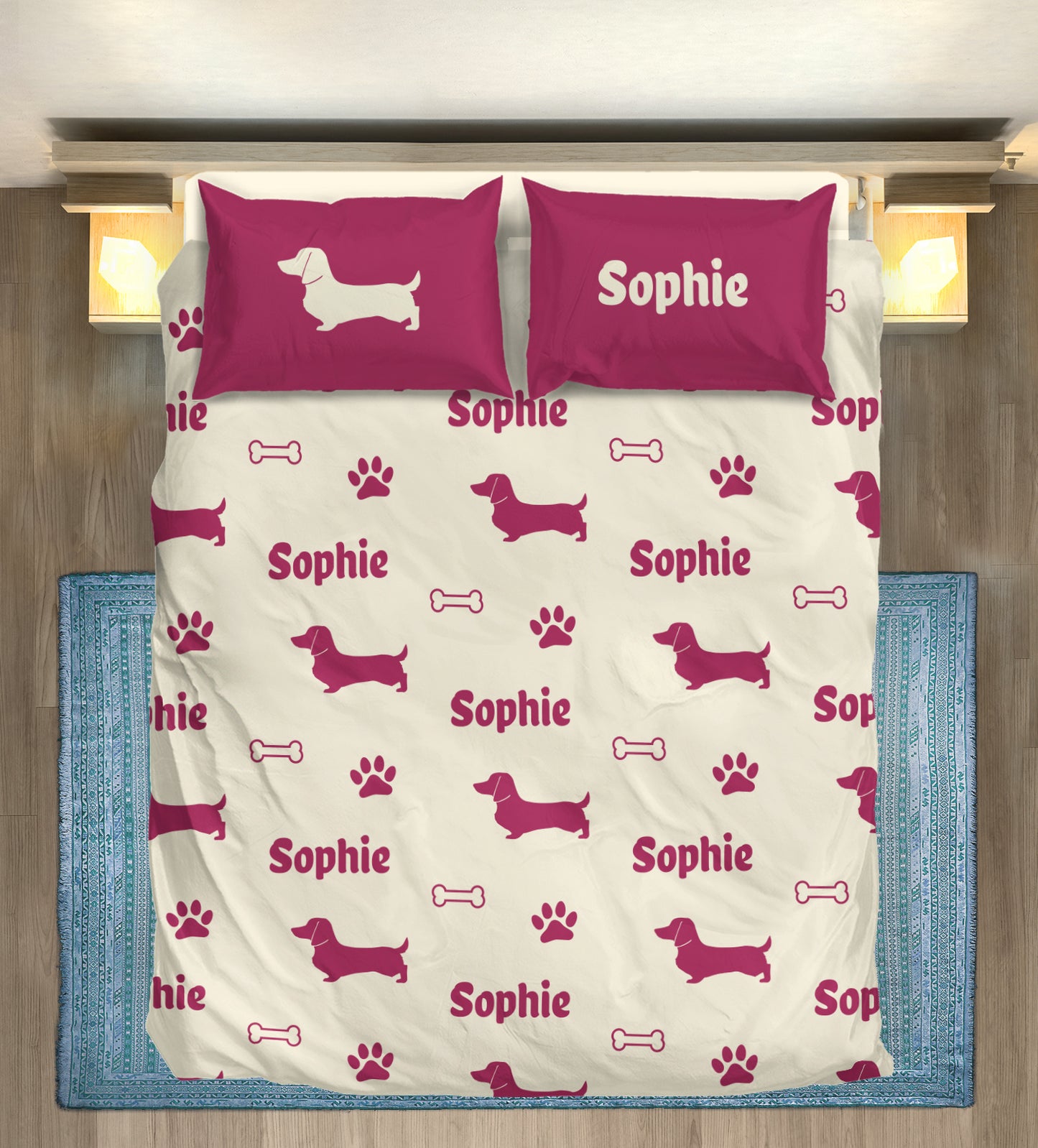 Juego de Cama Personalizado con Nombre de Perro Salchicha - Juego de Cama