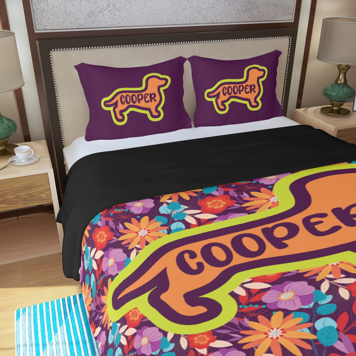 Juego de Cama Personalizado con Nombre de Perro Salchicha - Juego de Cama