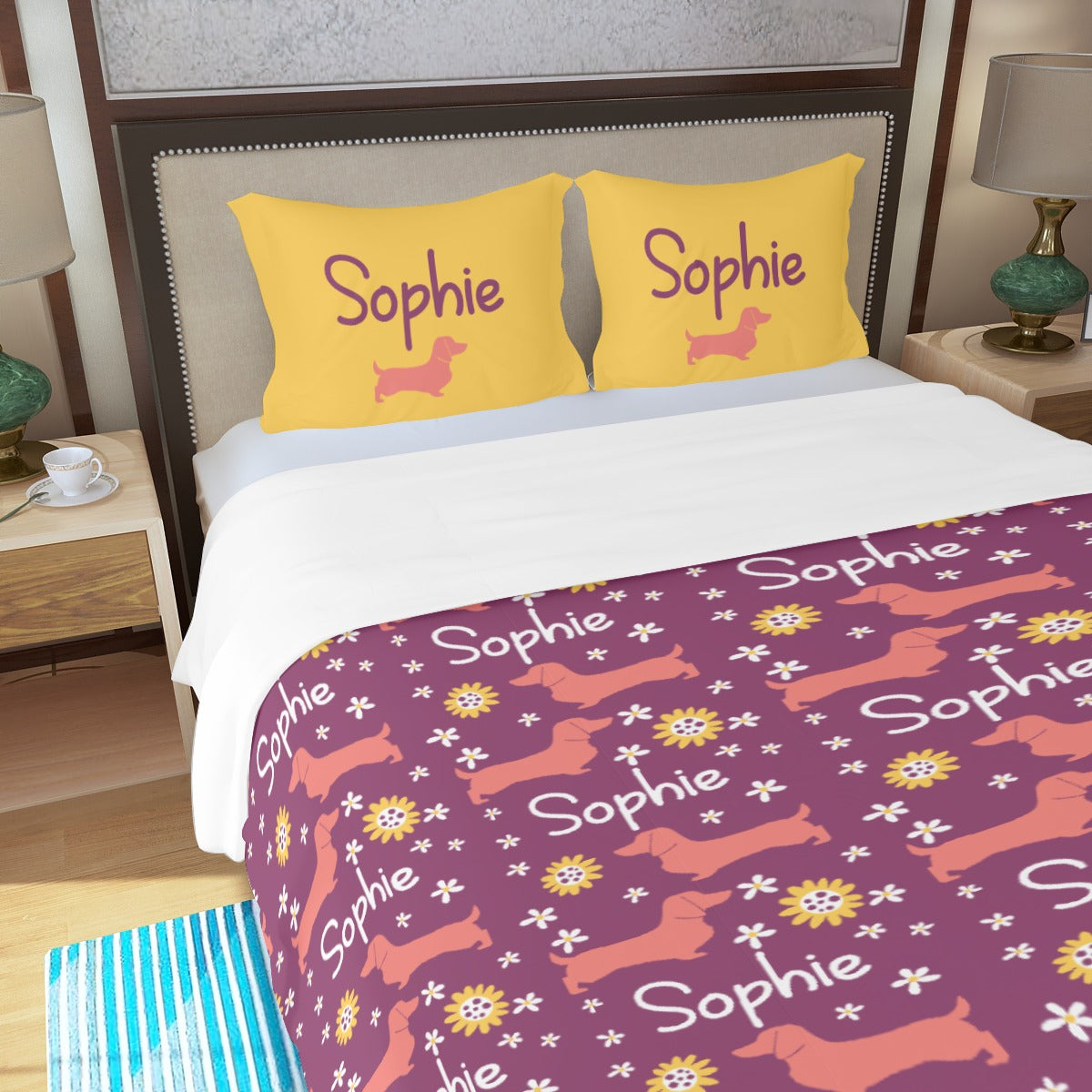 Juego de Cama Personalizado con Nombre de Perro Salchicha - Juego de Cama