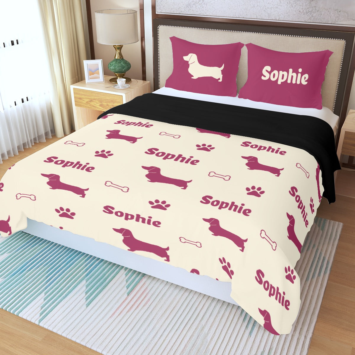 Juego de Cama Personalizado con Nombre de Perro Salchicha - Juego de Cama