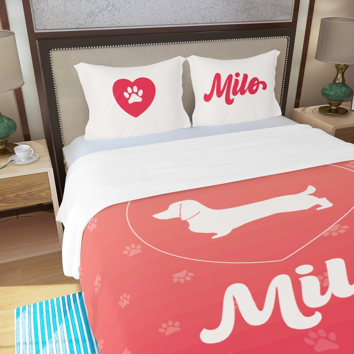 Juego de Cama Personalizado con Nombre de Perro Salchicha - Juego de Cama