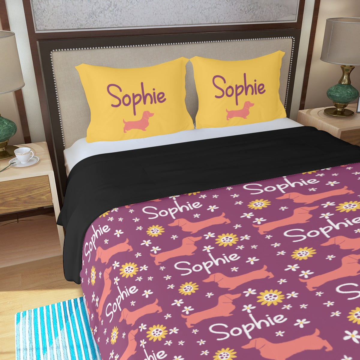 Juego de Cama Personalizado con Nombre de Perro Salchicha - Juego de Cama