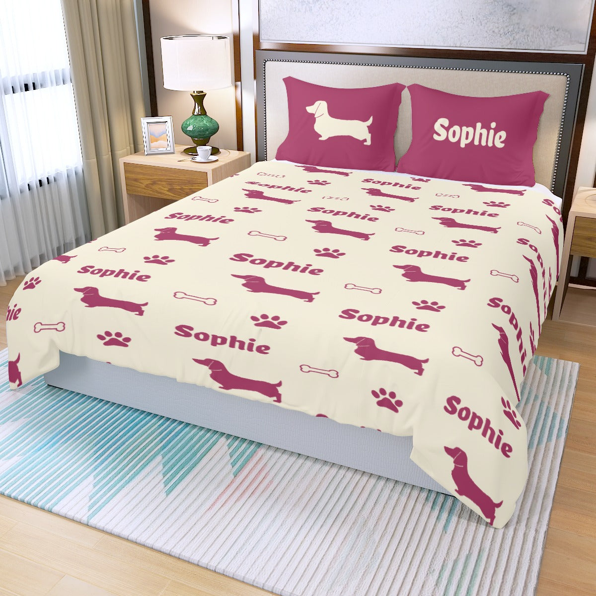 Juego de Cama Personalizado con Nombre de Perro Salchicha - Juego de Cama