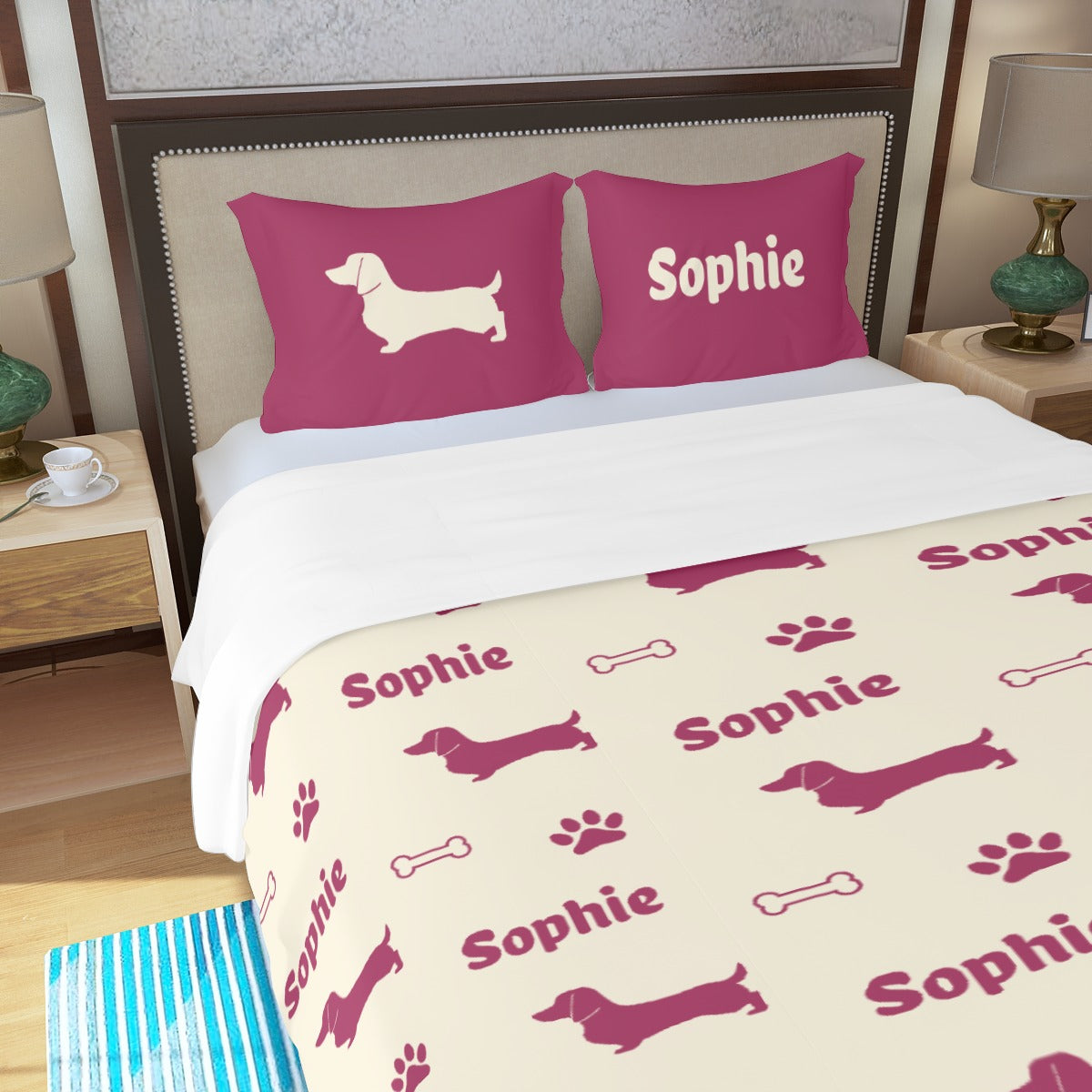 Juego de Cama Personalizado con Nombre de Perro Salchicha - Juego de Cama