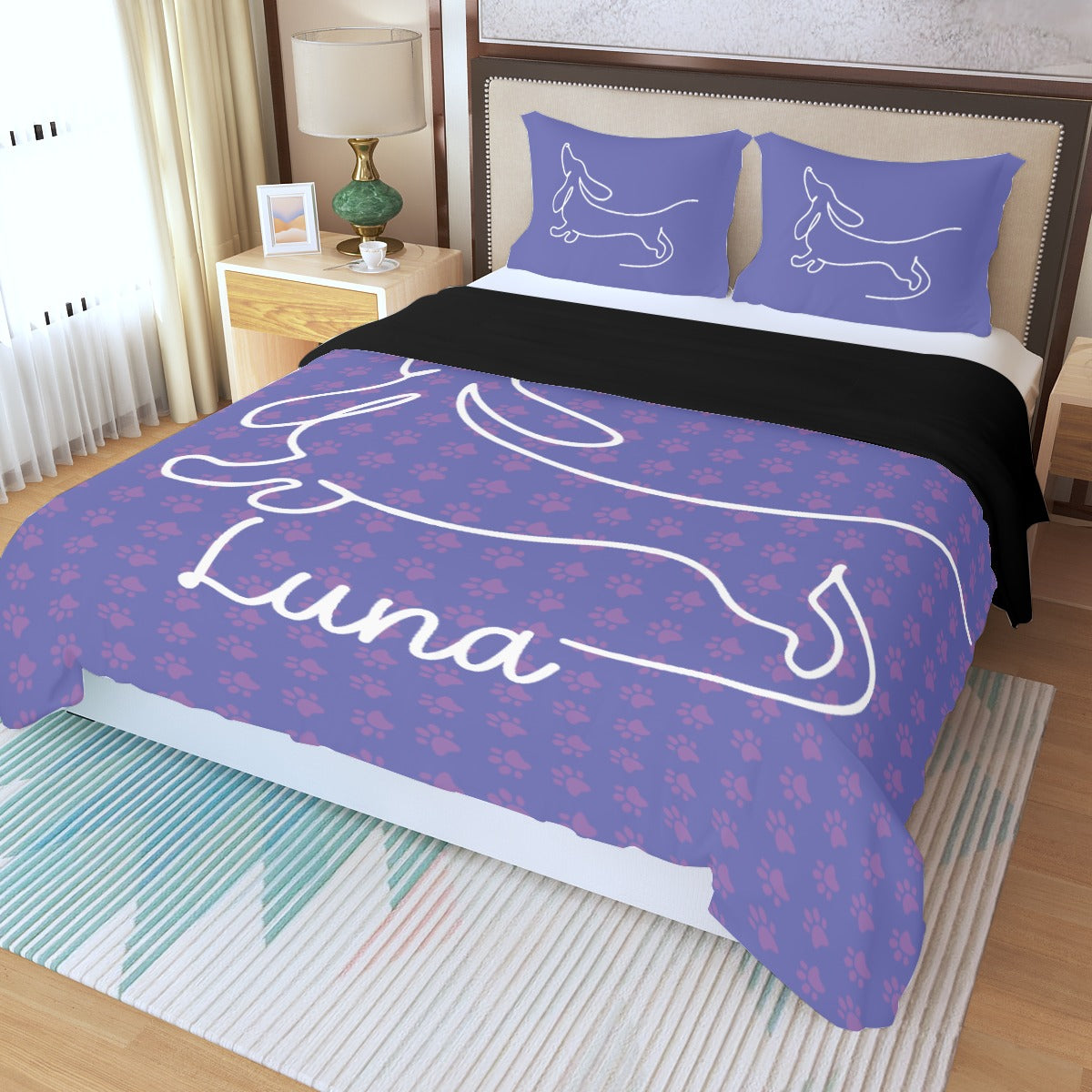 Juego de Cama Personalizado con Nombre de Perro Salchicha - Juego de Cama