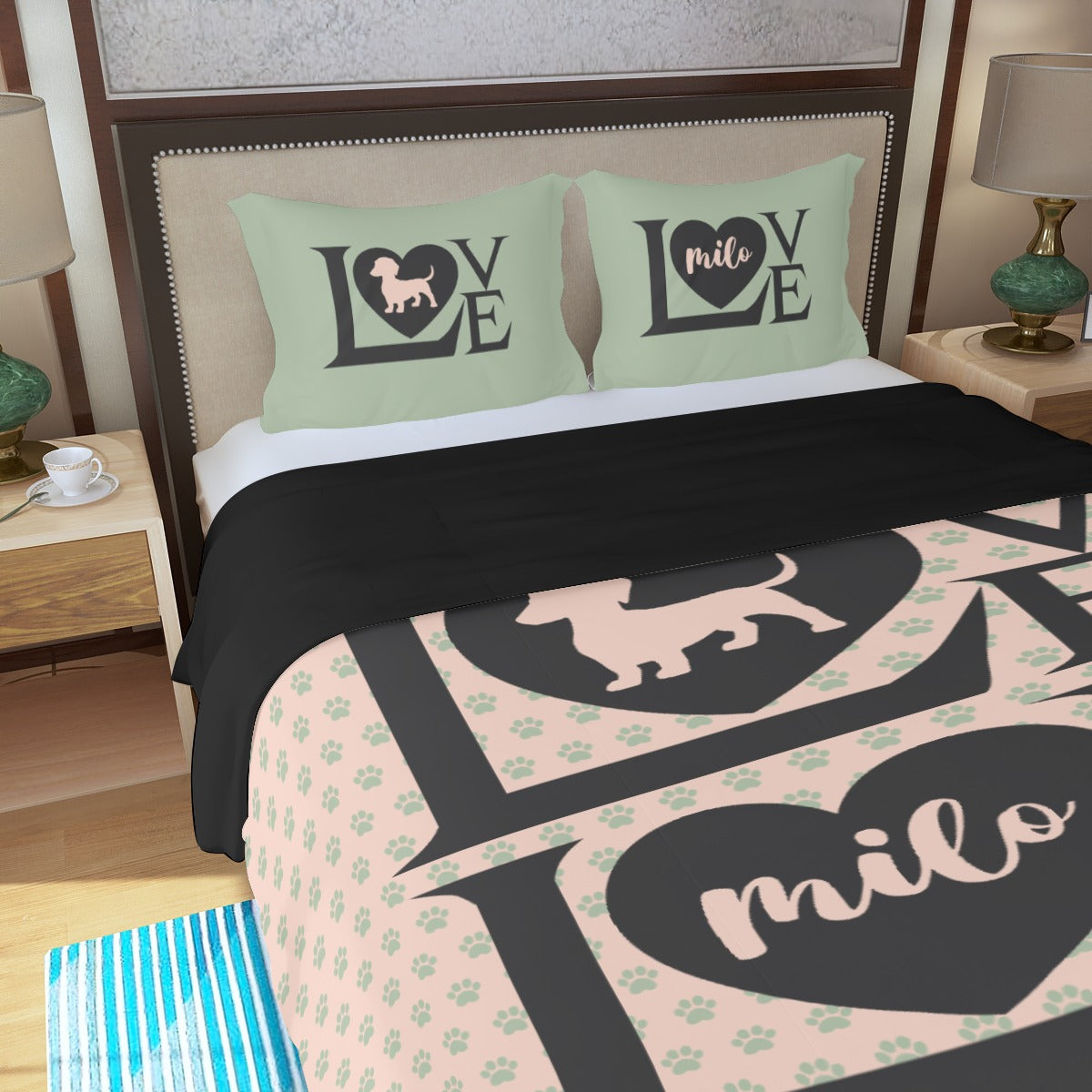 Juego de Cama Personalizado con Nombre de Perro Salchicha - Juego de Cama