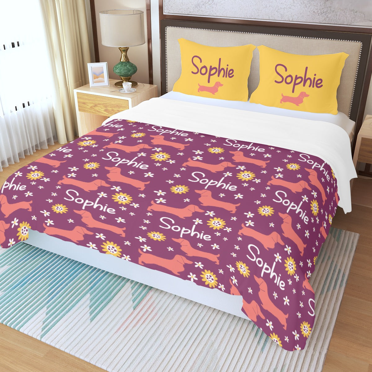 Juego de Cama Personalizado con Nombre de Perro Salchicha - Juego de Cama